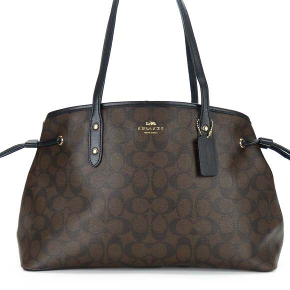 Coach Tote Bag F57842 Signature Leather Black Dark Brown Women's COACH